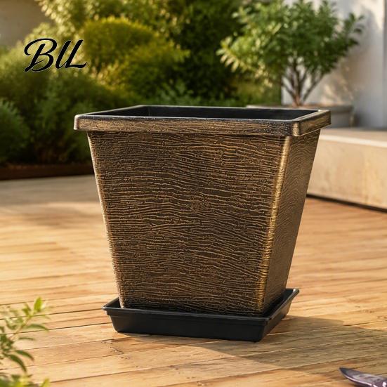 Retro Style Planter Pots Square Resin Planter, 10 Inch Large Plant Pot with Drainage Hole, Modern Saucer Decorative Garden for Indoor Outdoor Plants,