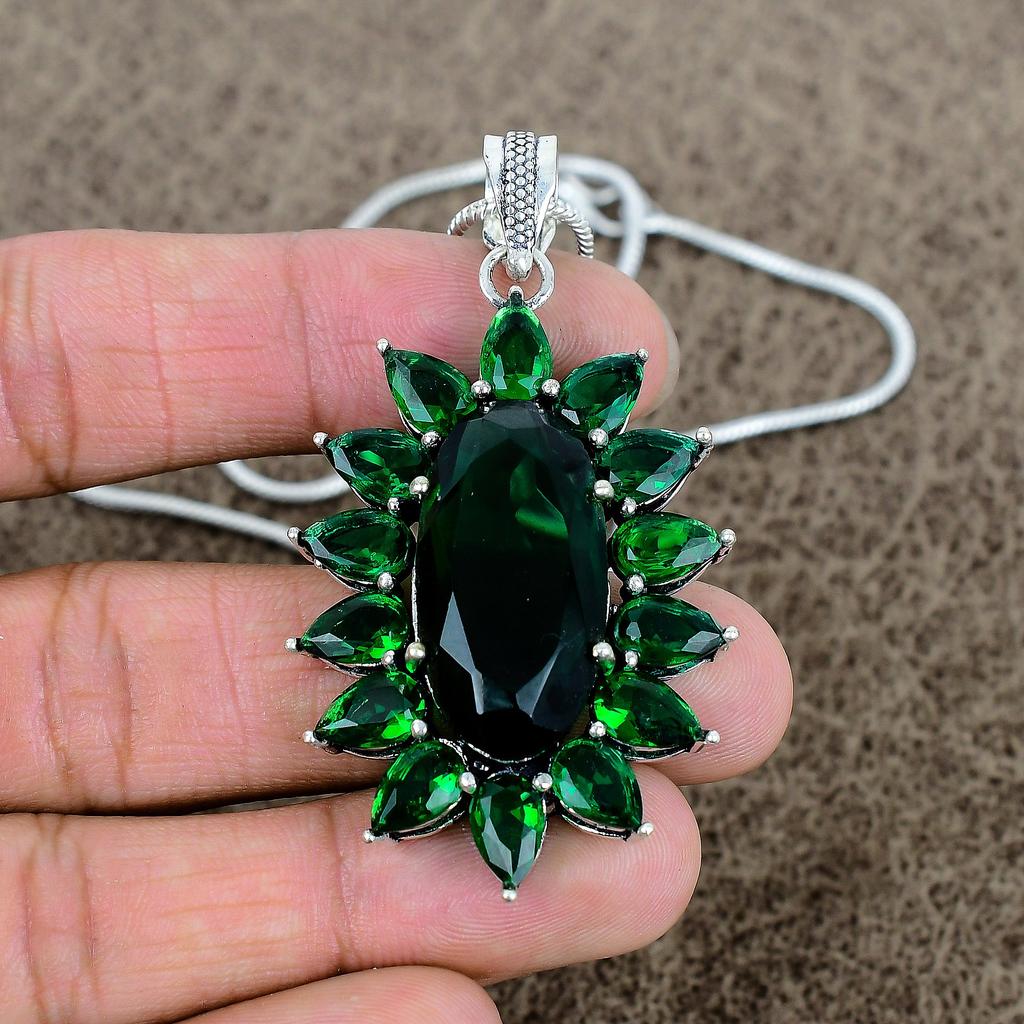 Chrome Diopside Gemstone Handmade 925 Sterling Silver Jewelry Pendant 2.48" KKG-285
