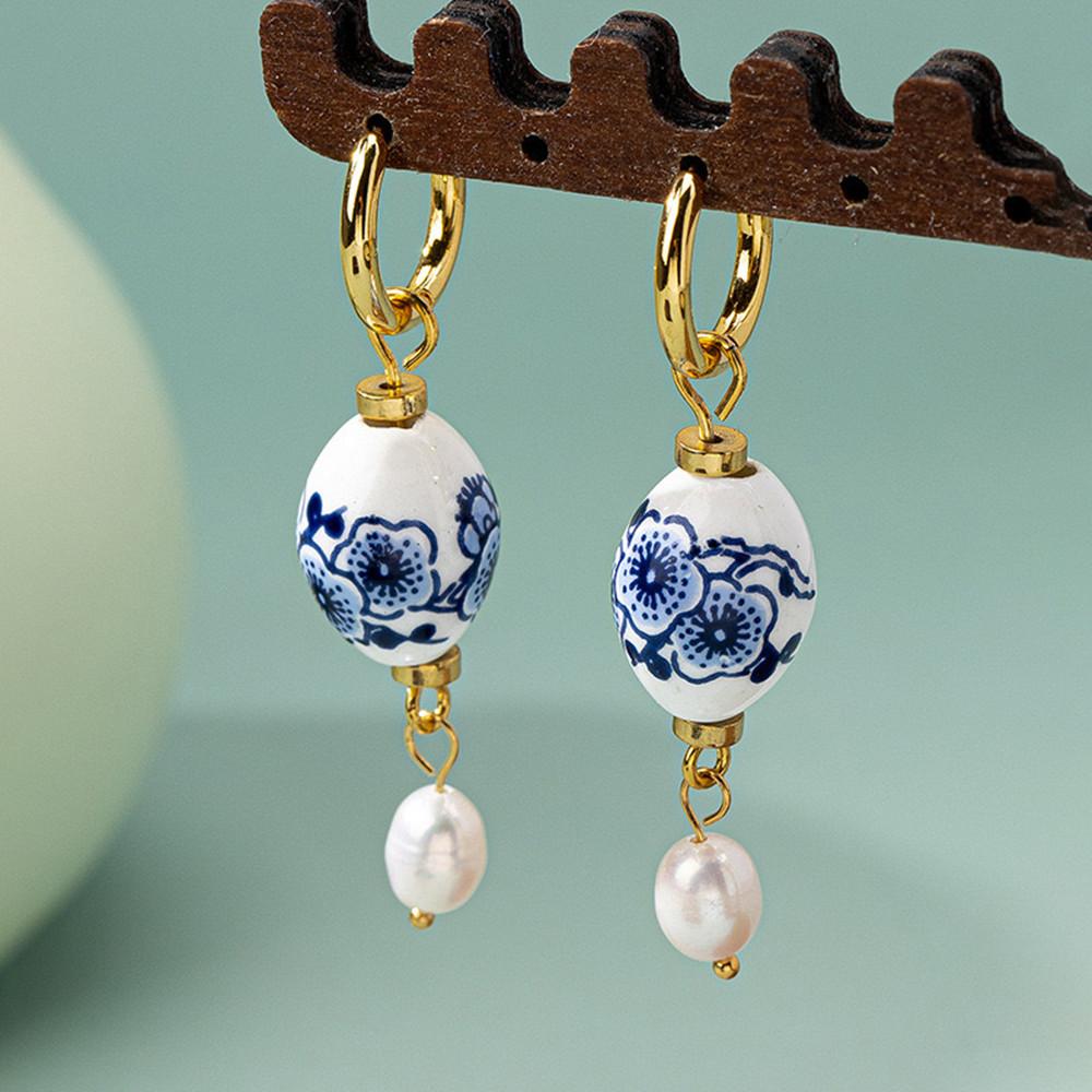 Retro Neue Chinesische Blau-Weiße Porzellan Keramik Anhänger Runde Ohrringe Damen Mode Elegantes Schmuckzubehör