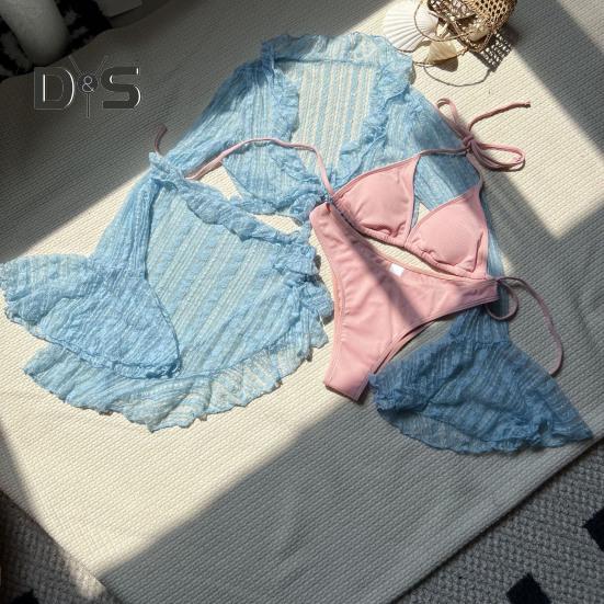 4-teiliges Set für Damen, sexy Badeanzug, Neckholder-BH und Slip mit Schnürung, Rüschenbesatz, Strandstil, langärmeliges Cover-Up-Top und Rock-Set