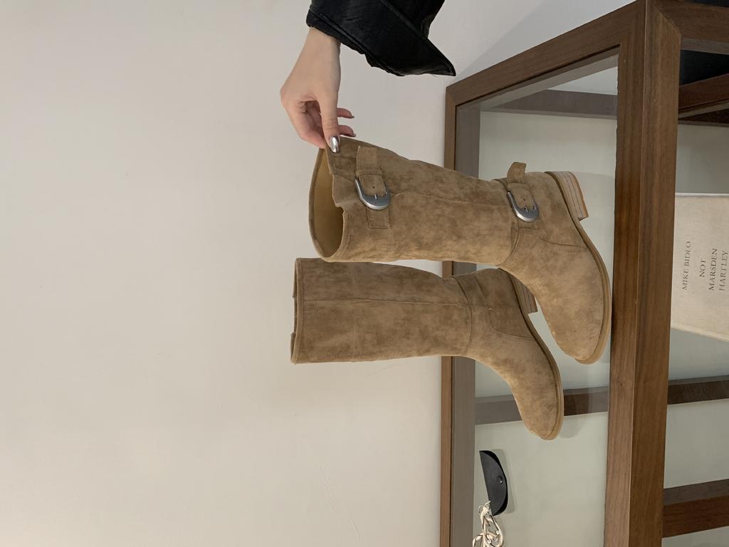 2025 new ancient western cowboy boots women's British style buckle wide tube but knee thick heel thin cycling boots