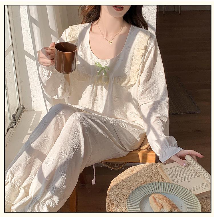 Women's Long Sleeve Pajama Set with Chest Pads, Princess Style, Sweet Home Wear, Spring/Autumn, 2-Piece, Suitable for Outdoors.