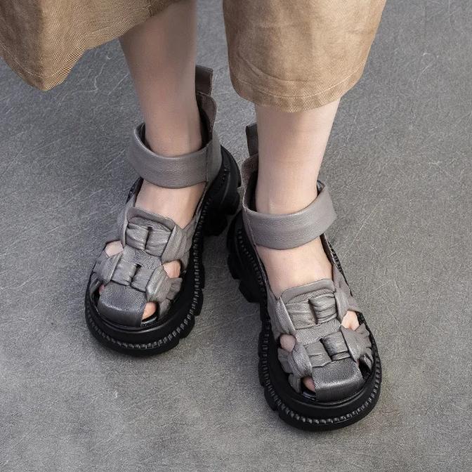 Johnature Sandale cu platformă din piele naturală, împletite confortabil, respirabile, retro, pantofi de damă