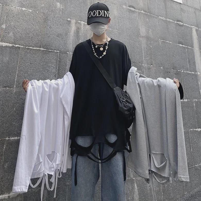 Unisex Loose Fit Long Sleeve T-Shirt with Distressed Hem and Solid Color