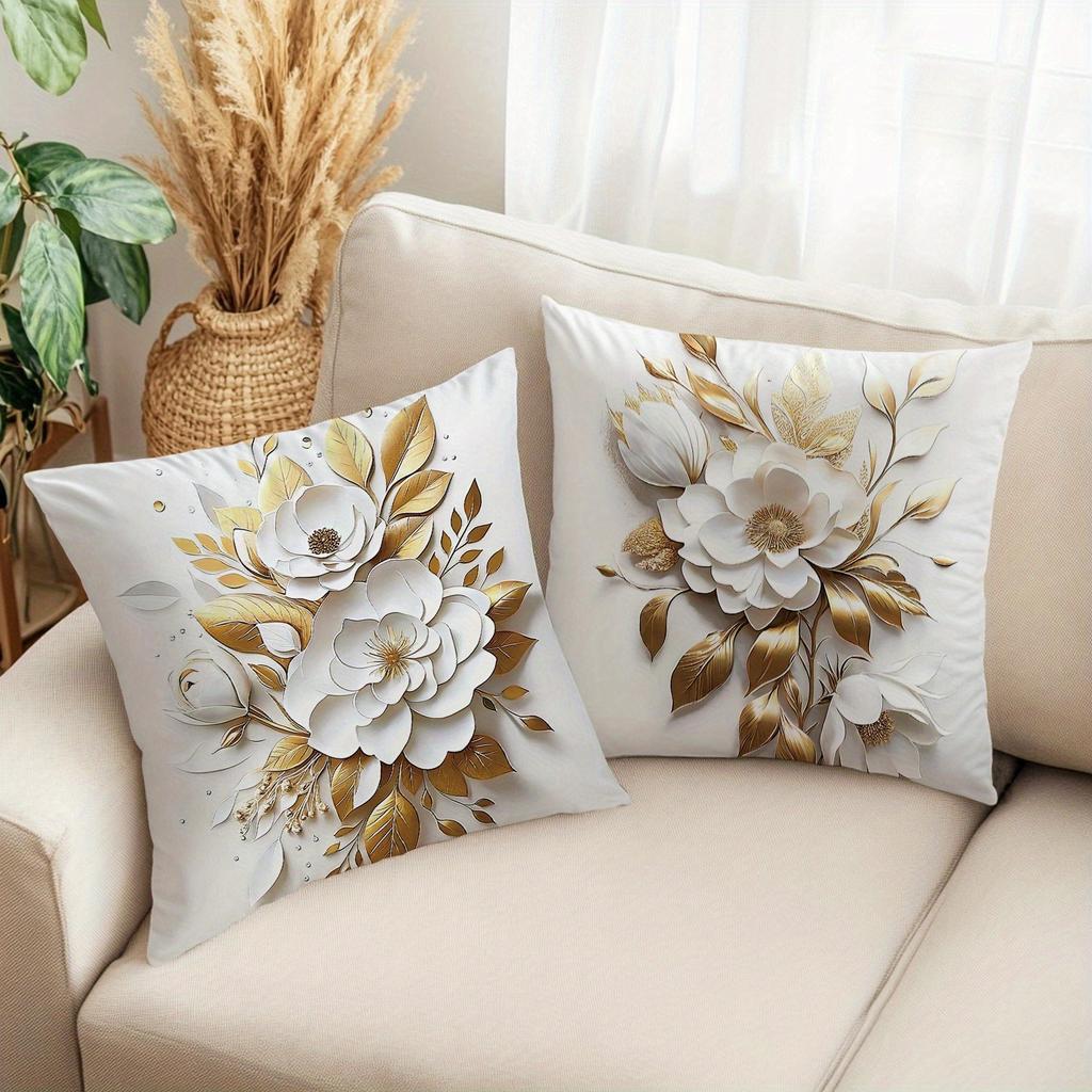 Elegant Gold - and - White Floral Pillow CoversLiving Room Sofa Cushion Cover, Soft and Comfortable, Bedroom Room Decoration
