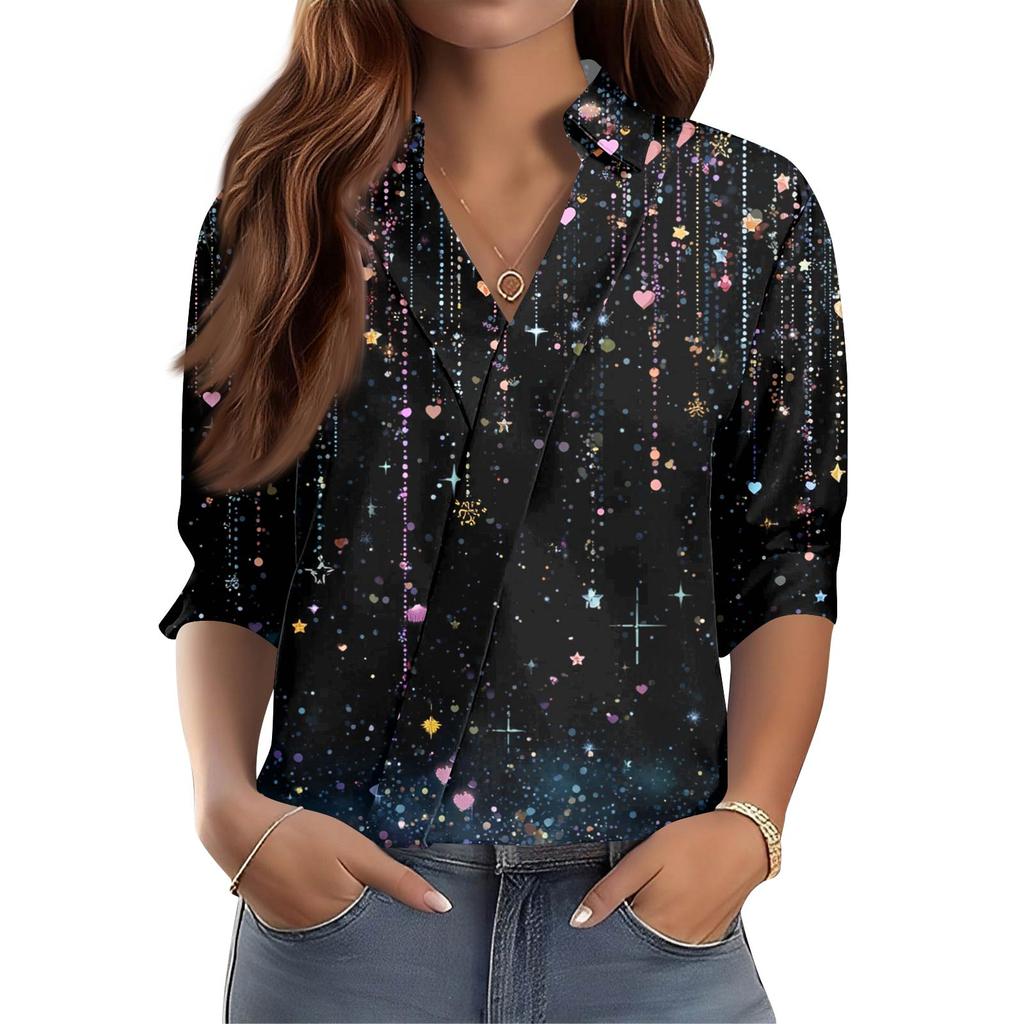 Damen 3/4-Ärmel V-Ausschnitt Hemd Bedruckt Arbeitskleidung Lässig Regulär Hemdkragen Oberteil