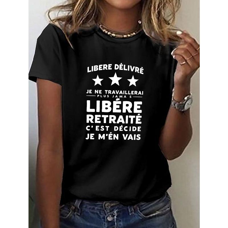 

Women s French Retirement Slogan T-Shirt Casual Crew Neck Short Sleeve Top Retiree Gift S чёрный