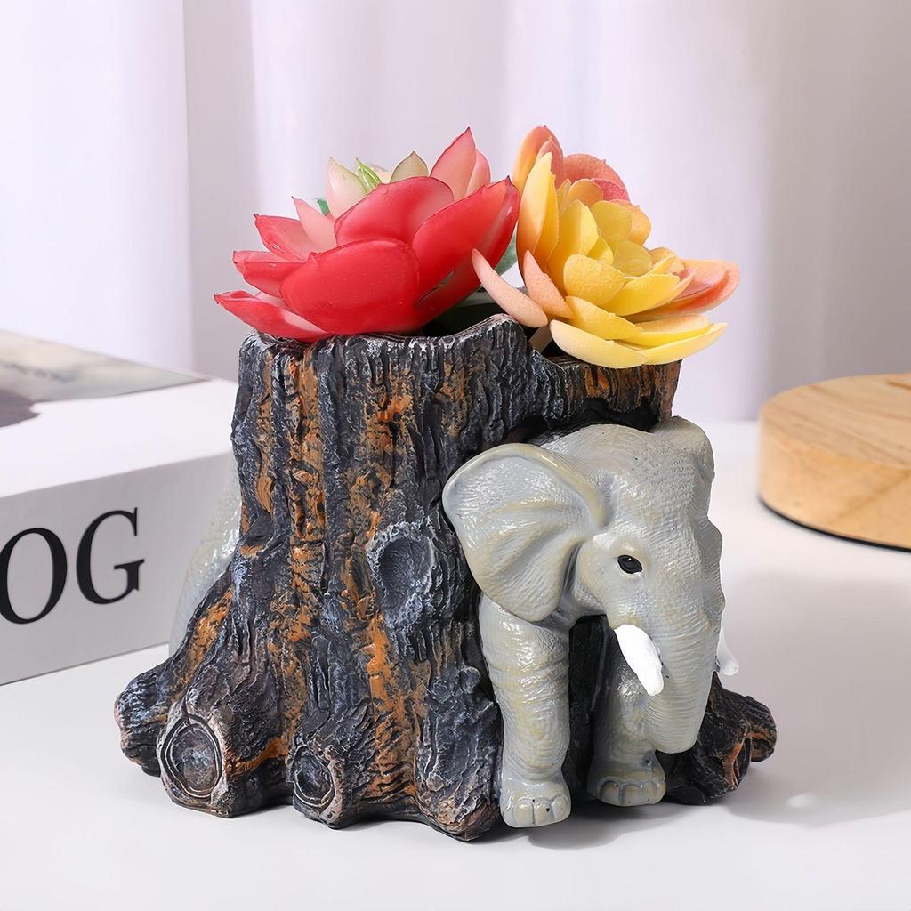 Pot de fleurs créatif en résine éléphant et ours sur souche d'arbre pour balcon
