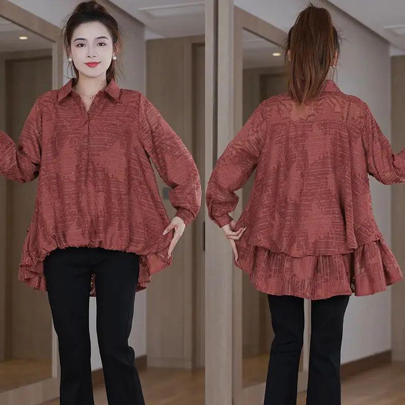 Langärmeliges geprägtes Freizeithemd Figurformend Fleischbedeckend Frühherbst-Stil Polokragen Drei-Knopf-Verschluss Damenoberteil