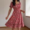 Spring and summer new European and American floral square neck short-sleeved waist ruffle edge A-shaped skirt, women's clothing