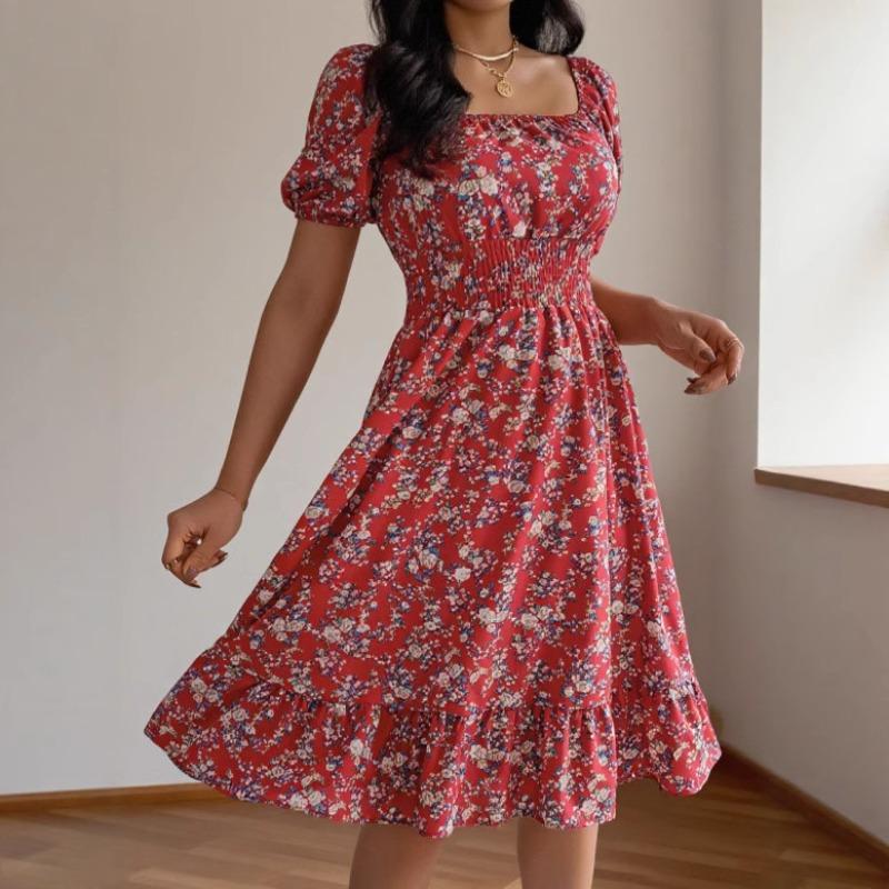 Spring and summer new European and American floral square neck short-sleeved waist ruffle edge A-shaped skirt, women's clothing