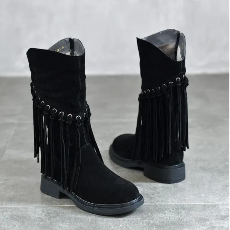 Johnature Retro Echtleder Mid-Calf Stiefel Modische Vielseitige Mittel Absatz Damen Quastenstiefel