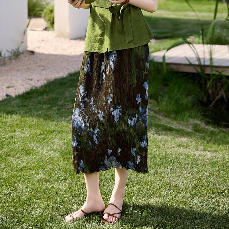 Women's Artistic Floral Pleated A-line Midi Skirt