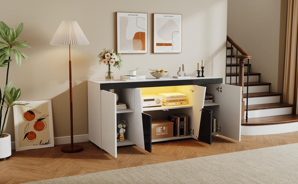140 x 40 x 65 cm, Living Room Sideboard with 3 Cabinets and 4 Doors, Angled Design + Black-White Color Blocking, Modern Dresser with LED Light Strip