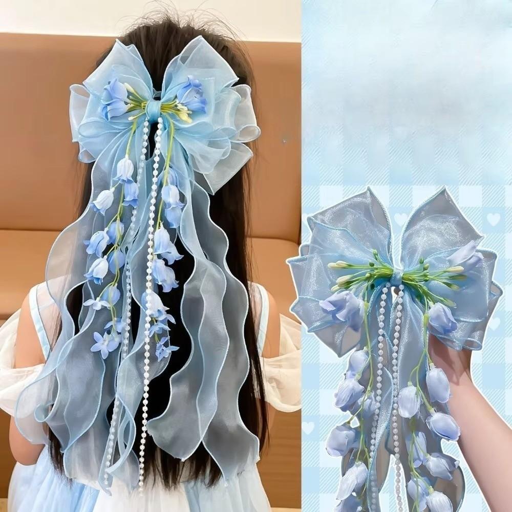 Long Ribbon Bow Hair Clip Bell Orchid Hair Barrettes New Sweet Headband  For Girls