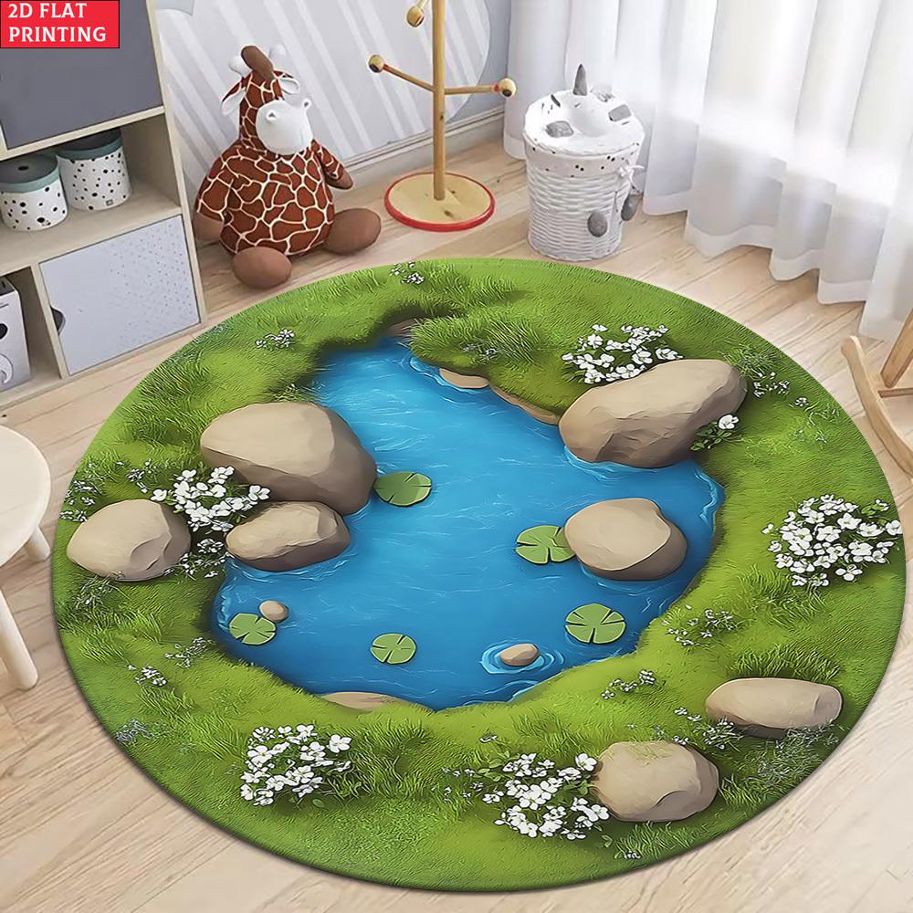 HD Small Pond with Stones Round Floor Mat – Nature Inspired Decorative Rug for Entryway, Living Room, Yoga, and Meditation