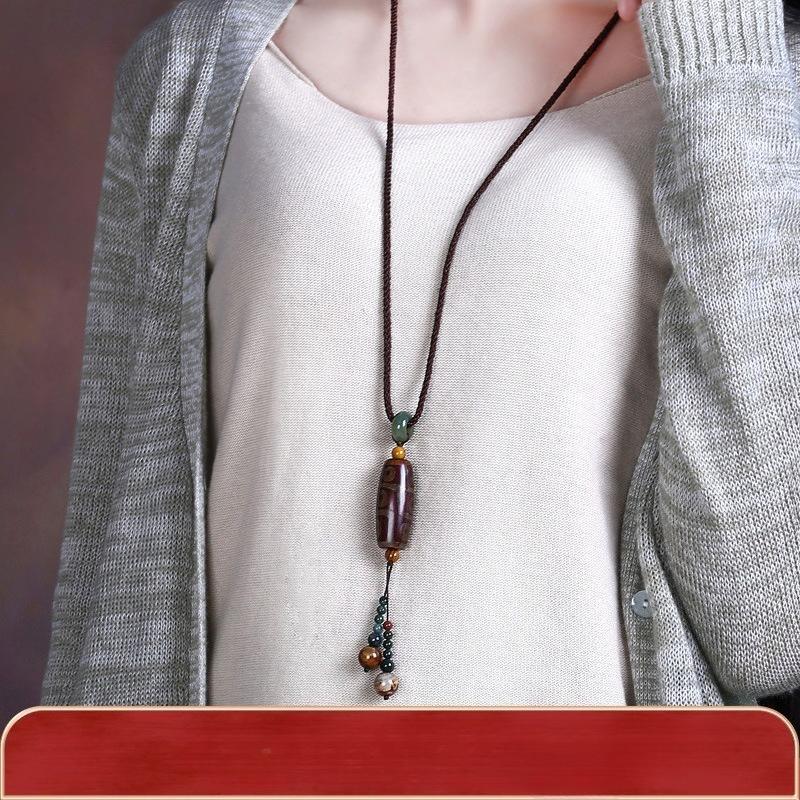 GEMCHIC Women's Vintage Ethnic Style Long Sweater Necklace with Handmade Braided Rope, Dzi Bead and Agate Pendant Bohemian Jewelry