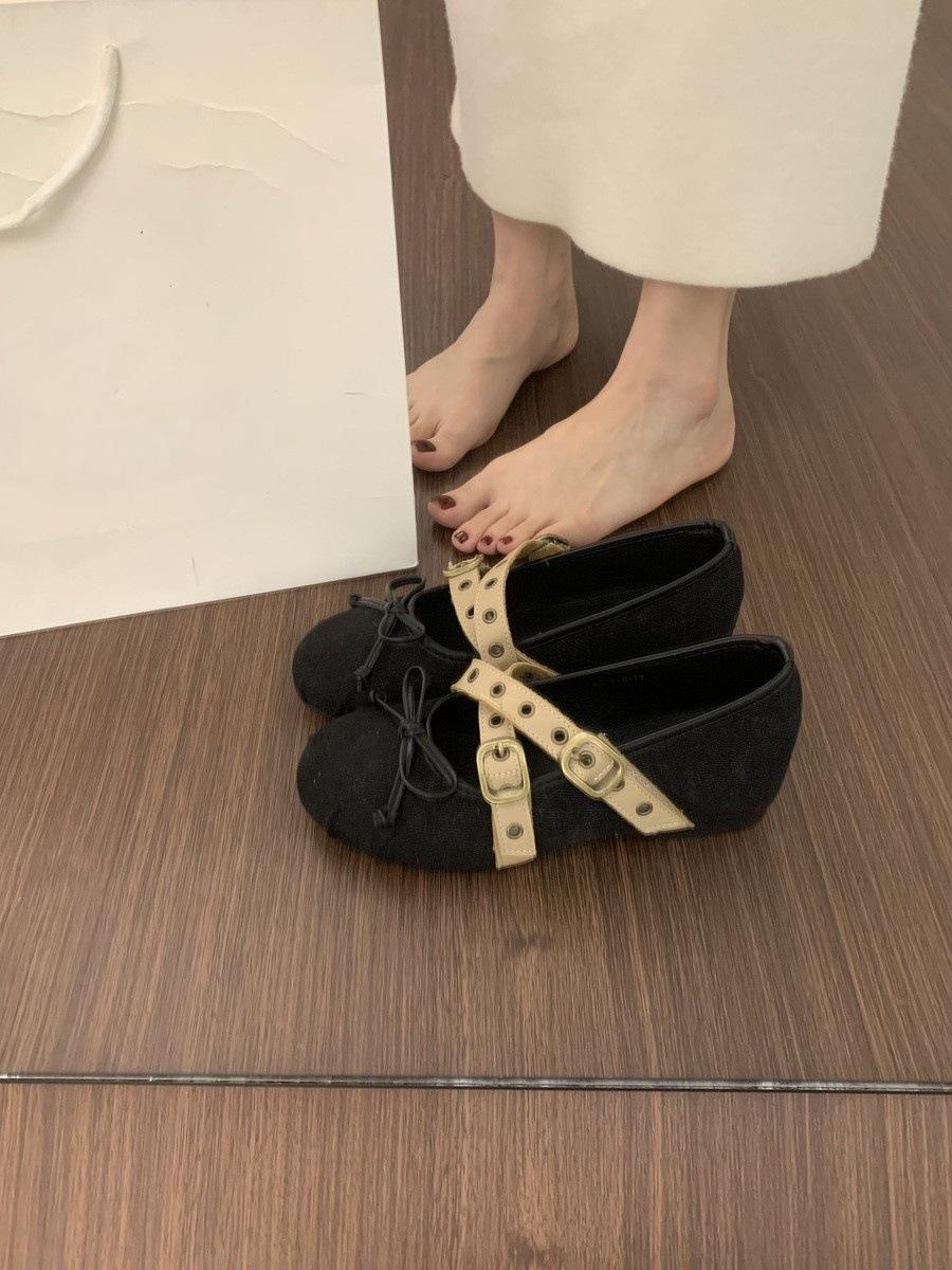 

Retro high-end denim round head Mary Jane shoes literary late evening wind cross belt height-increasing ballet single shoes women 35 чёрный