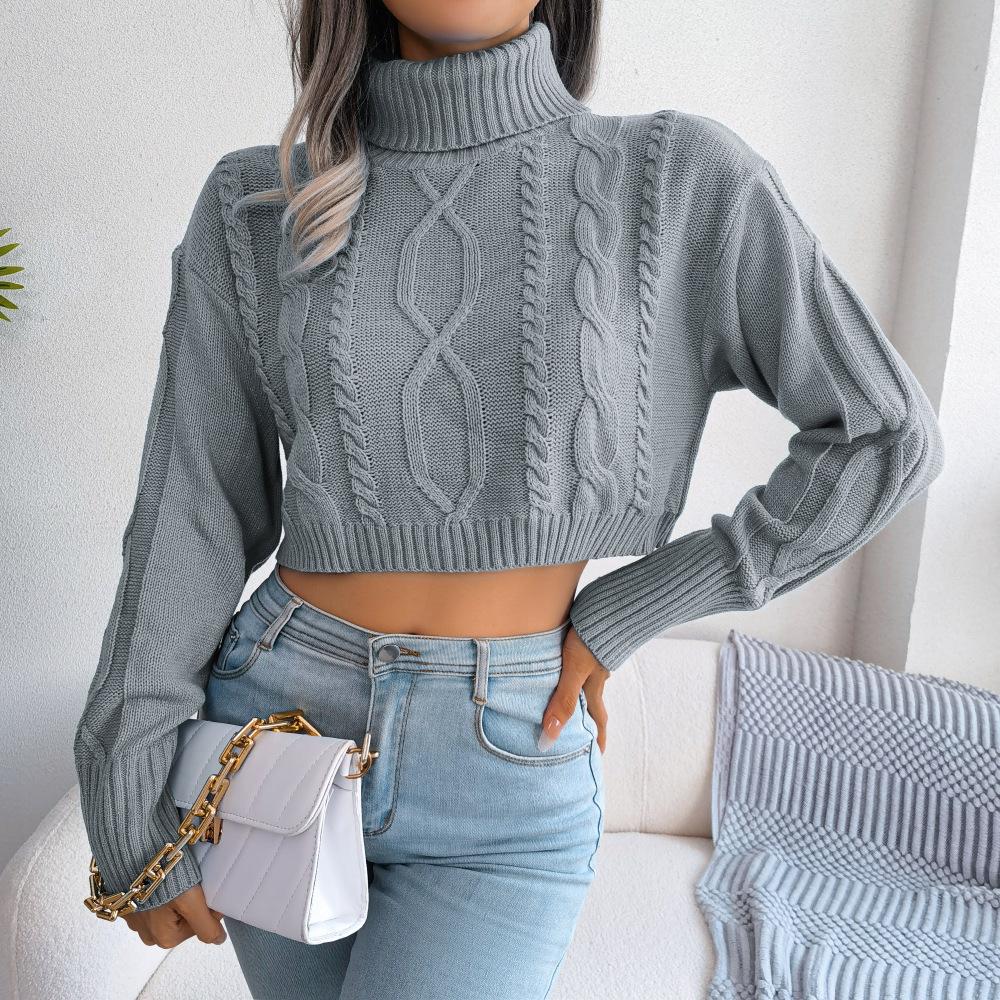 Fashionable Twisted-cable Long-sleeved High-neck Cropped Pullover Knit Top for Women