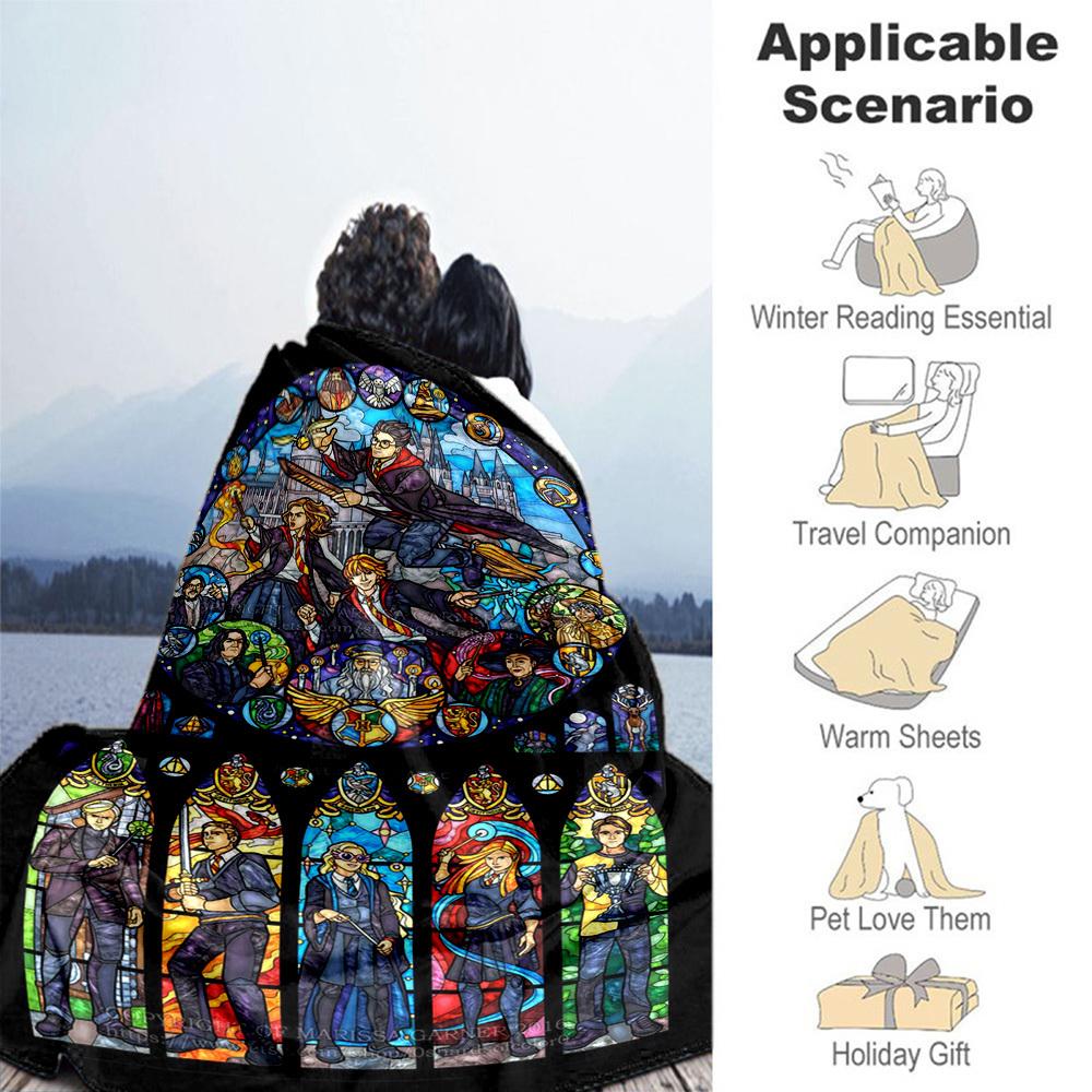 1pc Hogwarts Harry Potter Stained Glass Outdoor Flannel Throw Blanket All Season Soft Warmth,Home Decor 1031206