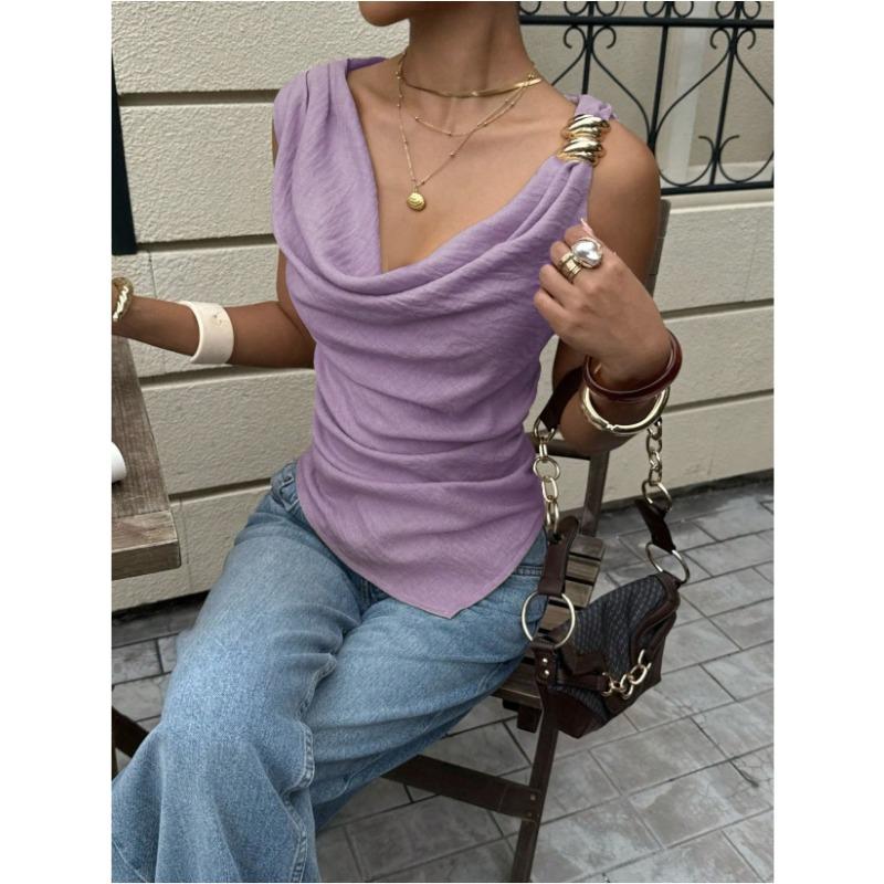 Damen Rollkragen Metallverzierungen Ärmellos Unregelmäßig Lässig Sommer Bluse Tanktop