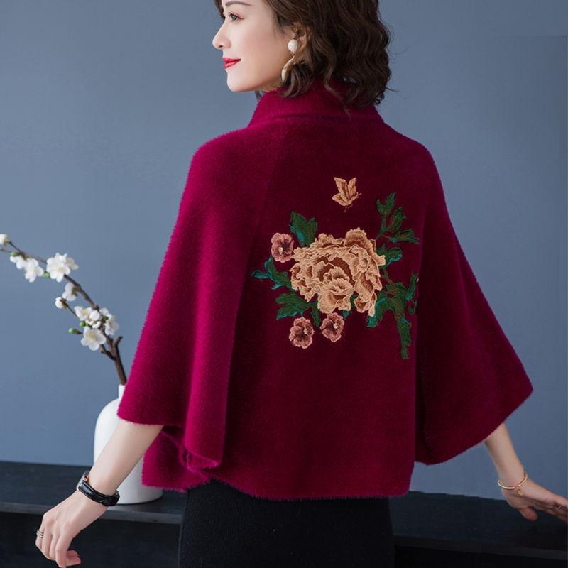 

Осенне-зимний теплый маленький плащ модный и универсальный женский плащ с круглым вырезом и вышивкой One size бордовый