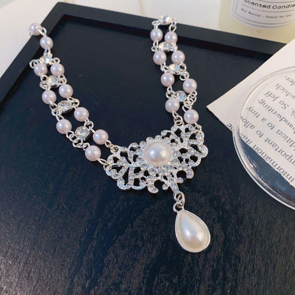 Luxury Pearl Rhinestone Necklace Beads Pearl Collarbone Chain Fashion Double Layer Necklace  Gift