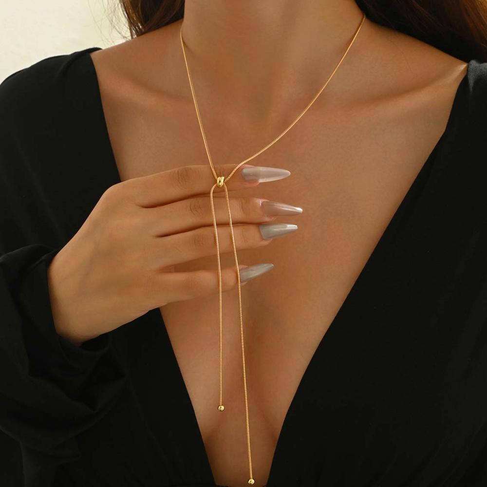Retro Long Tassel Adjustable Necklace for Women Stainless Steel Thin Link Choker Necklace Temperament Sweater Chain Jewelry