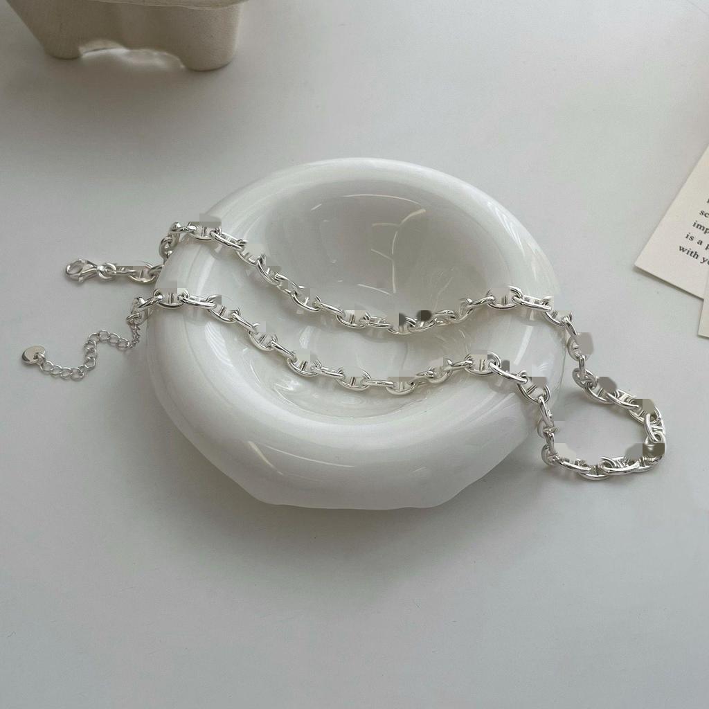 S925 Sterling Silver Minimalist Pig Nose Necklace & Bracelet Set with Industrial Clavicle Chain Design
