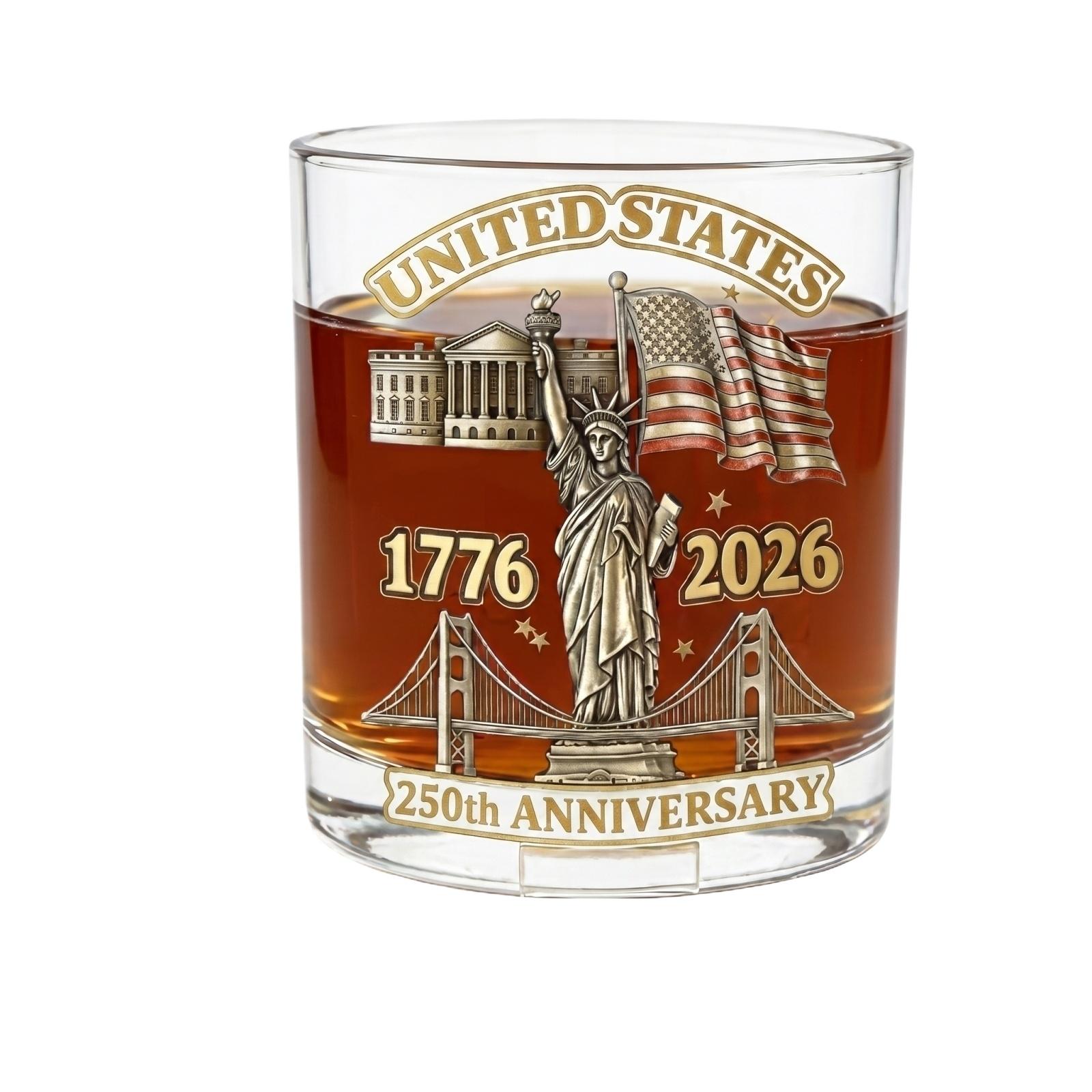 250th Anniversary Commemorative Whiskey Glass Thick Bottomed Whiskey Tumbler United States Celebration Gift 1776 to 2026 Collector Edition
