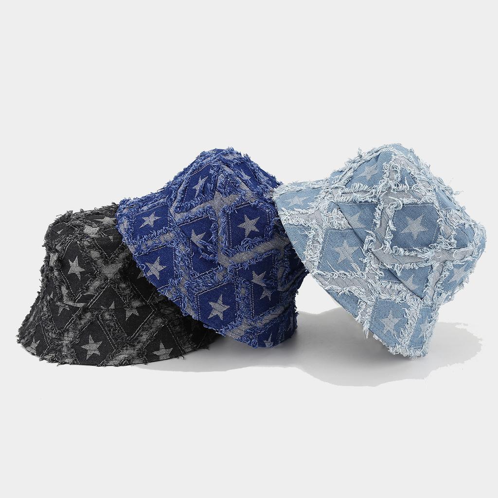 Vintage Western Jazz Washed Denim Outdoor Fringed Sun Hat Wide Brim Outdoor Beach Fisherman's Hat Bucket Hats