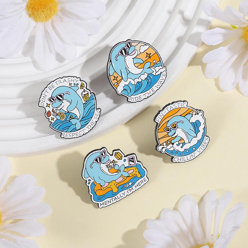 Mentally I'm Here Enamel Pins Funny Quote Ride The Wave Tropical Dolphin Beach Brooches Lapel Badge Jewelry Gifts for Friends