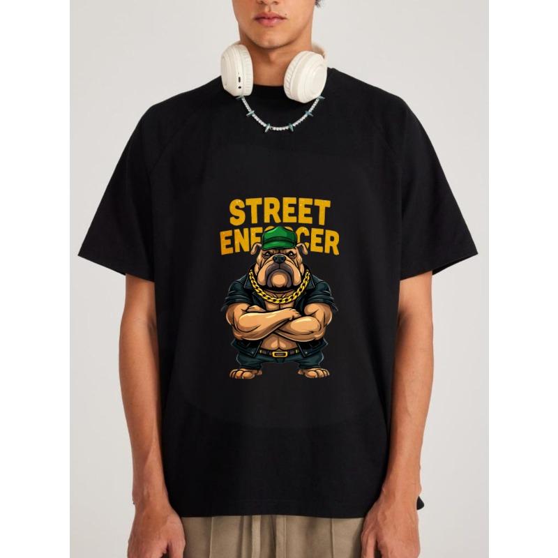 

Street Enforcer Bulldog Graphic T Shirt White Cartoon Dog with Green Hat and Gold Chain Streetwear Style Urban Fashion for Casual Wear XXXXL чорний