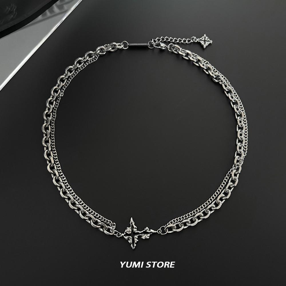 Unisex Double-Layer Titanium Steel Hip Hop Dark Cross Necklace Spliced Sweater Chain Choker  for Men And Women