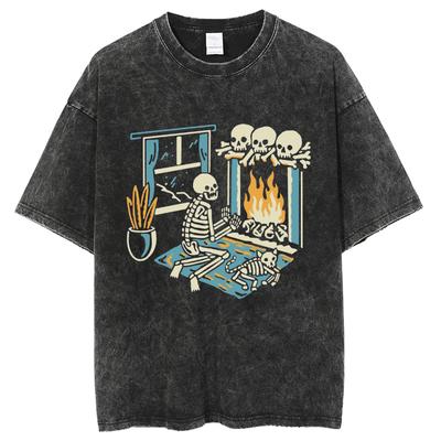 Sommer Damen T-Shirt Übergröße Halloween-Thema Totenkopf-Print Waschung Unisex Kurzarm Lässig Retro Outfit Herren