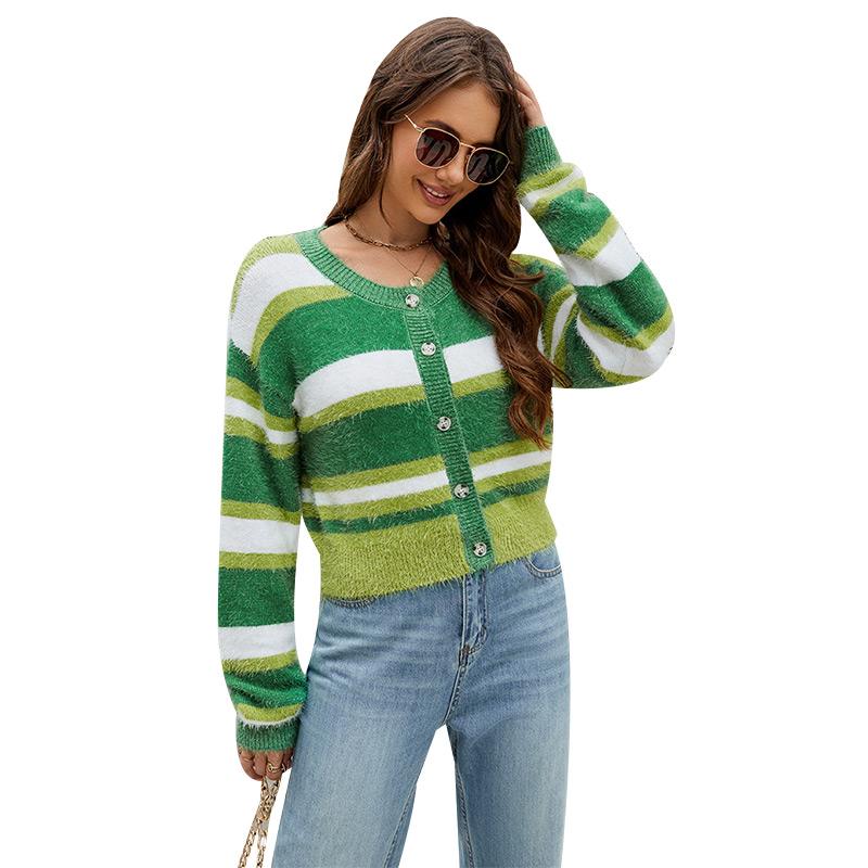 Women Elegant Striped Knitted Cardigan Fashion Sweet Casual Colorblocked Crew Neck Sweater
