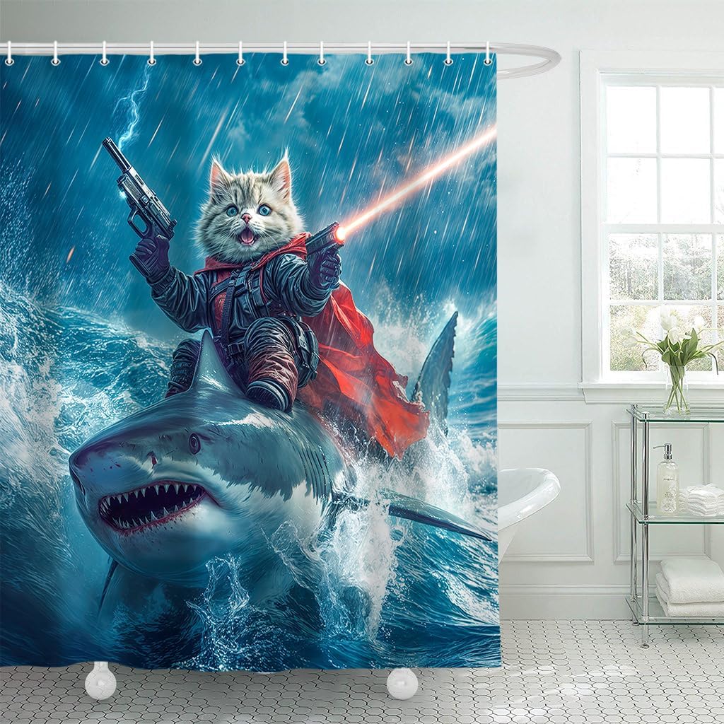 Funny Cat Riding Shark Shower Curtain, Funky Ocean Adventure Blue Bathroom Decor for Boys