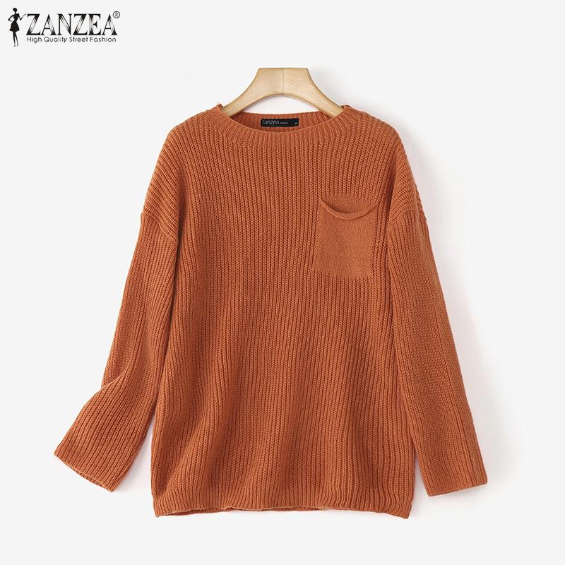 ZANZEA Women Autumn Sweaters Round Neck Long Sleeve Knitted Pullover Jumpers