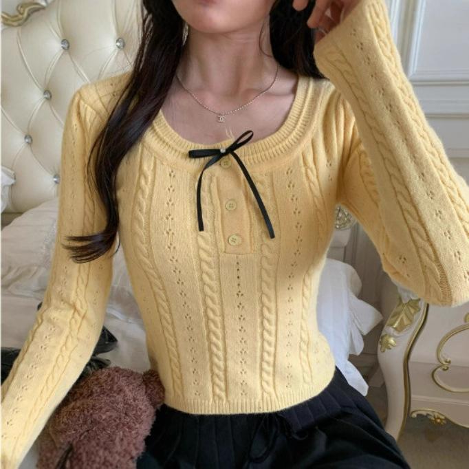 

[Arctic velvet washing water] Gentle wind bow twist knitted sweater women s autumn and winter inner cardigan chic One size fits all жовтий