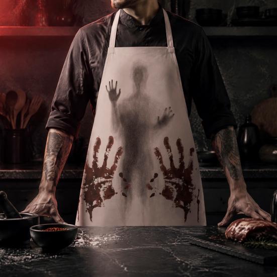 Funny Prank Gift Halloween Butcher Apron with Realistic Blood Stain, Washable Protective Work Apron, Spooky Kitchen Decor Horror Costume Prop