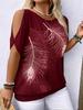 Women's Round Neck Elegant Off-Shoulder Tie-Back Print Top