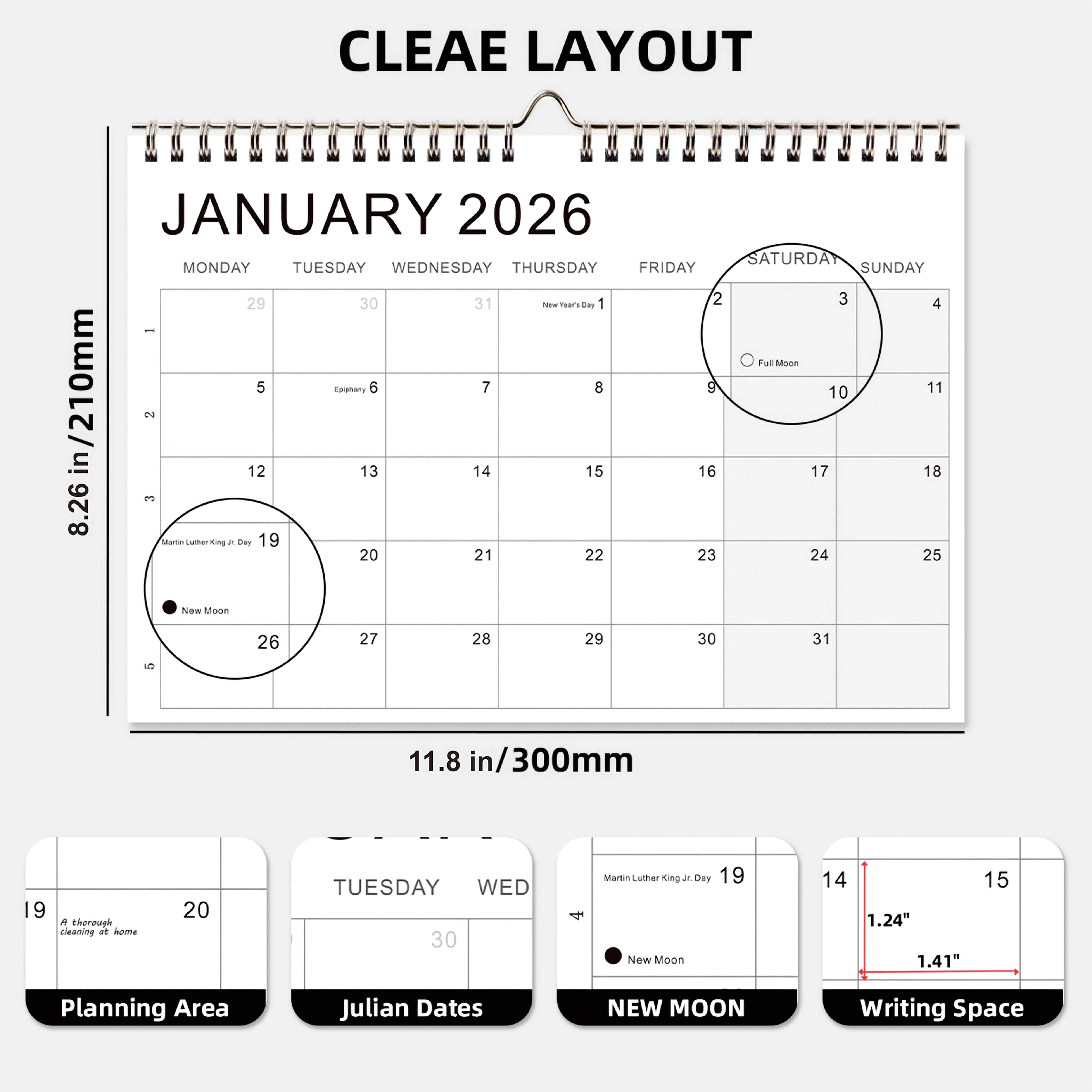 

1 шт. Еженедельный планер-календарь 2026-2027 - 52-недельный обзор с ежемесячными вкладками, отметками полнолуния и новолуния, макет с понедельника по воскресенье