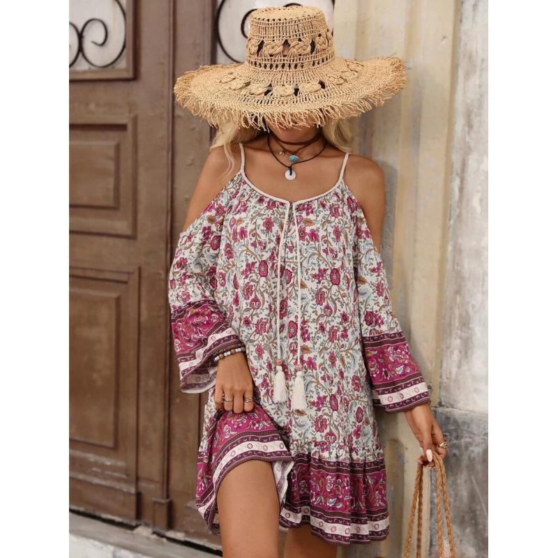 European summer vacation style casual floral print off-shoulder long-sleeve camisole mini dress for women XS