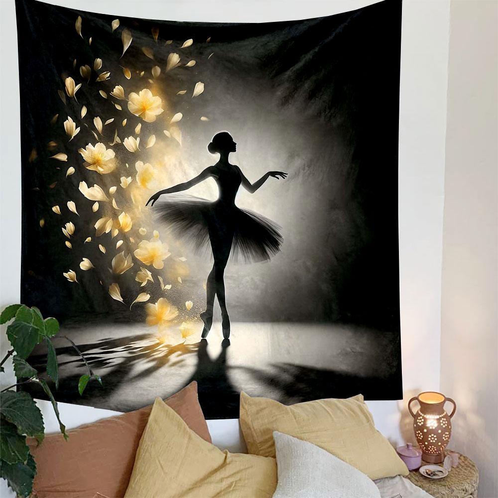 Ballet Dancer with Golden Petals Patterned Tapestry Decorative Wall Hanging, Home Bedroom Living Room Decor