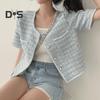 Women Coat Blazer French Style Elegant Short Sleeve Short Type Single Breasted Color Matching Spring Fall Jacket