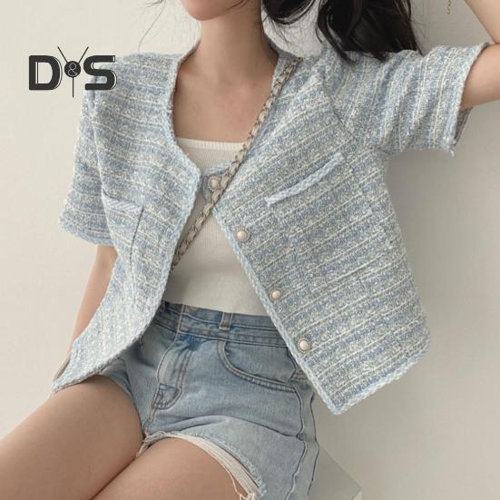 Women Coat Blazer French Style Elegant Short Sleeve Short Type Single Breasted Color Matching Spring Fall Jacket