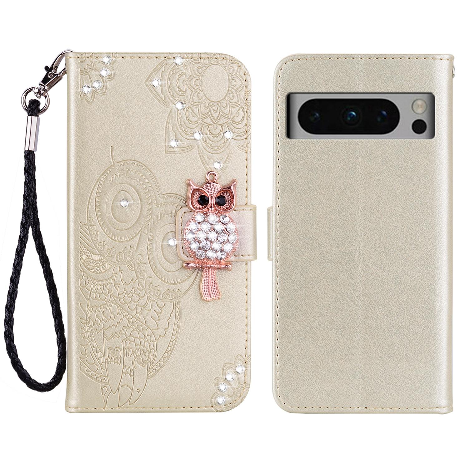 

Phone Case for Google Pixel 8 Pro,PU Leather+TPU Shell Rhinestone Imprinted Pattern Stand Wallet Cover Gold