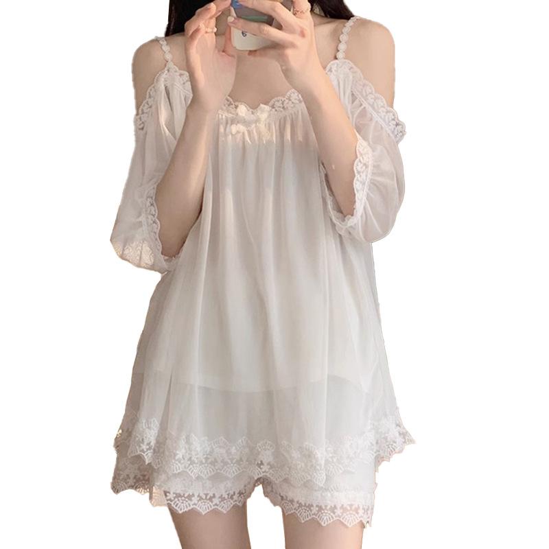 Summer Off-Shoulder Lace Princess Style Pajamas Women'S Suspenders Low-Necked Short-Sleeved Loungewear Sweet And Can Be Worn Outside