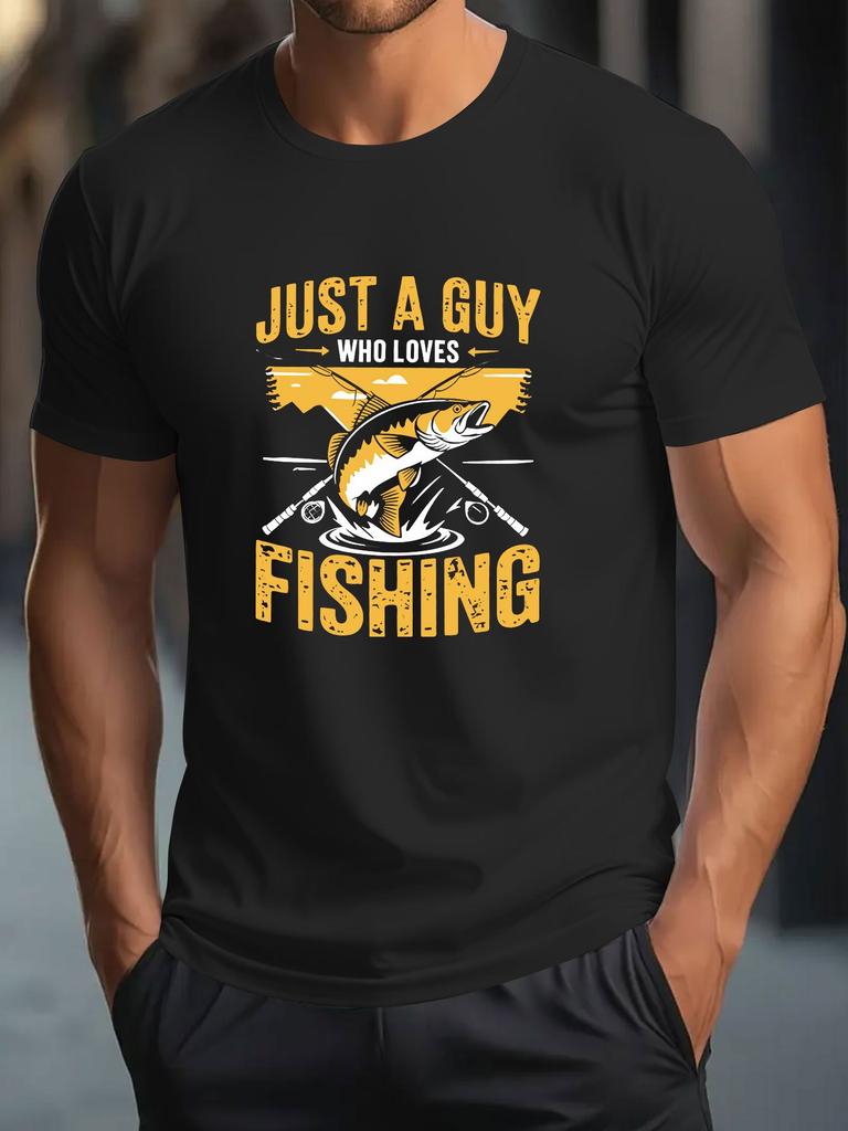 Men's "JUST A GUY WHO LOVES FISHING" T-Shirt - Yellow Fishing Themed Short Sleeve Crew Neck Tee Machine Washable Comfortable Top