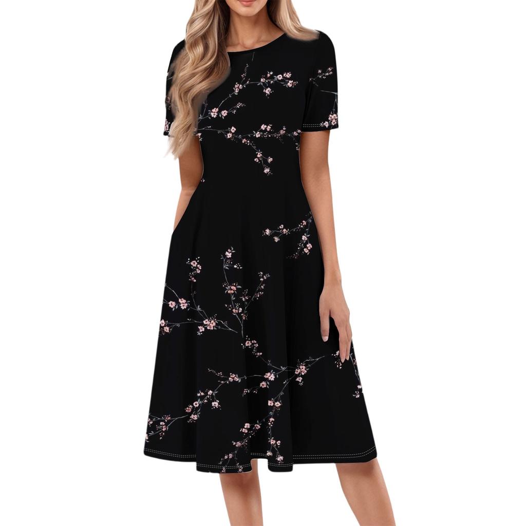 Women's Casual Fashion Round Neck Short Sleeve Floral Print Midi Dress